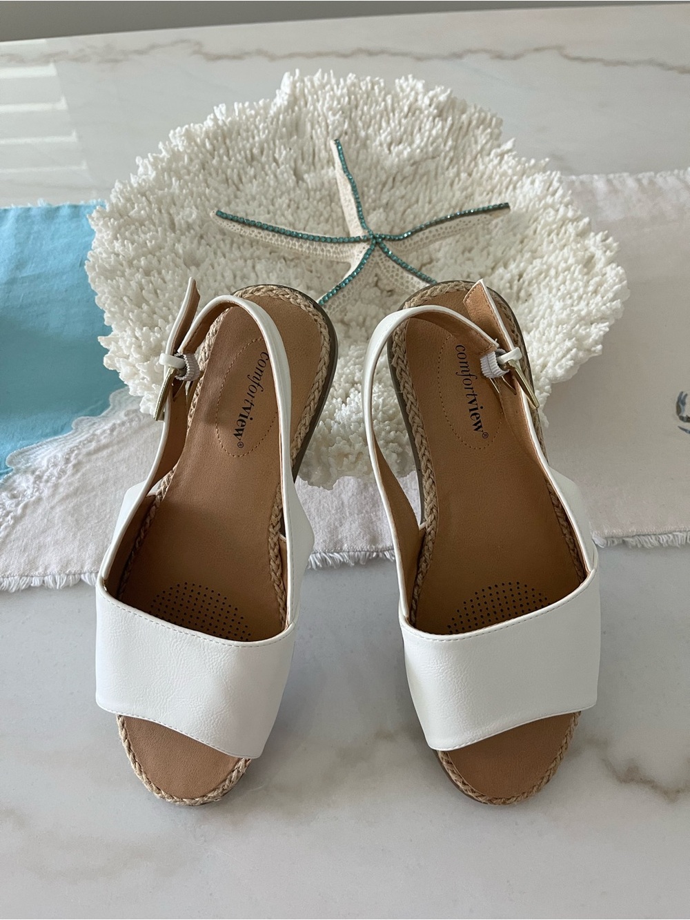 comfortview White Women's Open-Toe Wedge Slingbacks